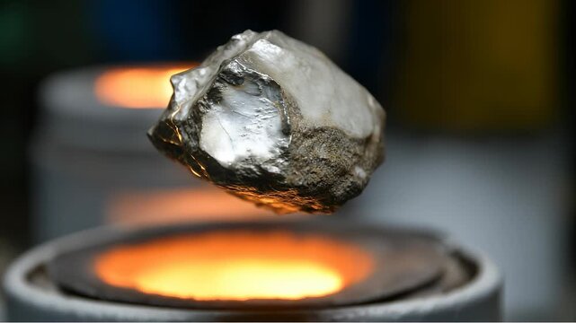 Flying cracked stone with glowing fissures above furnace opening	
