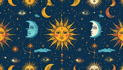 Celestial pattern with suns, moons, and eyes