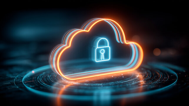 Holographic cloud icon wrapped around luminous security lock, embodies trusted data protection and resilient cybersecurity in cloud computing.