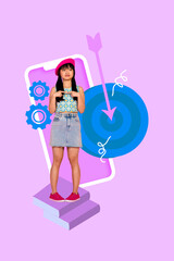 Composite zine pop trend collage of happy businesswoman businessman stand phone target development arrow aim achievement progress