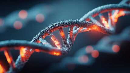 DNA double helix with highlighted glowing gene segments in cool blue background,
expressing genetic code modification biotechnology and the frontier of genomic therapy.