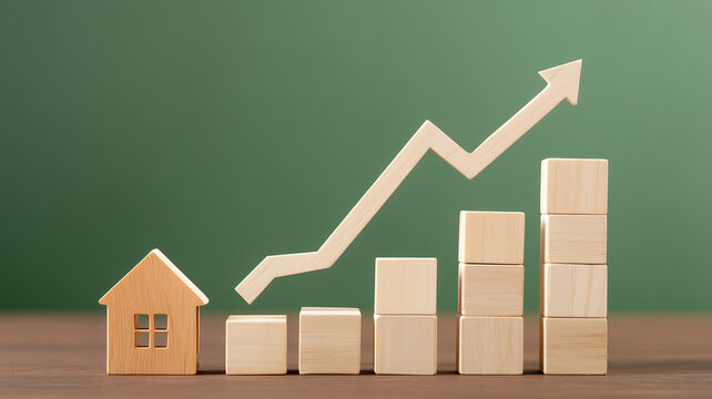 Wooden house and ascending block bar chart topped by upward arrow, illustrating real estate market growth property value increase and profitable investment trends.