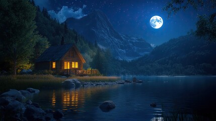 A serene lakeside cabin illuminated by moonlight, surrounded by mountains and forest under a starlit sky, creating a peaceful, tranquil atmosphere.