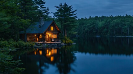 Fototapeta premium A cozy cabin by a tranquil lake surrounded by tall trees, illuminated warmly at dusk, creating a serene and inviting atmosphere.