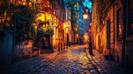 Fototapeta premium A quaint, cobblestone street illuminated by warm lights, showcasing charming buildings in an evening setting, creating a serene and inviting atmosphere.