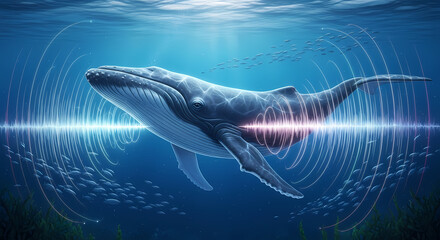 A majestic humpback whale emitting sonar waves for communication, an illustration of marine bioacoustics and echolocation in the deep ocean.