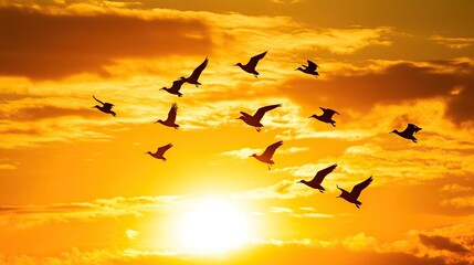Fototapeta premium A serene sunset scene with silhouetted birds flying across colorful clouds, creating a peaceful and beautiful natural landscape.