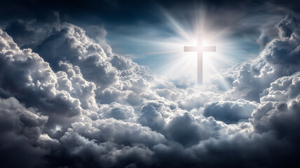 Fototapeta premium Cross illuminated by divine sunbeams breaking through dramatic storm clouds, evoking spiritual hope faith and the promise of heavenly guidance.