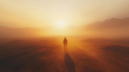 A lone figure walks through a misty landscape at sunset, surrounded by mountains and a warm, golden glow.