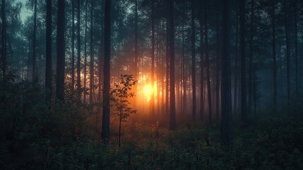 A serene forest scene at dawn, with sunlight piercing through tall trees, creating a mystical atmosphere shrouded in mist.