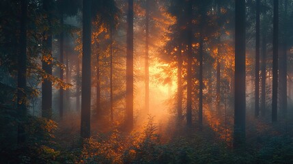 A serene forest scene illuminated by soft, golden sunlight filtering through misty trees, creating a tranquil and magical atmosphere.