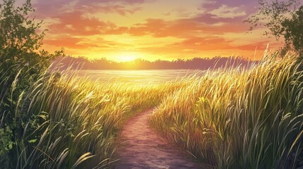 A tranquil path leads through tall grass to a sunset over the water, casting warm hues across the sky and reflecting on the surface.