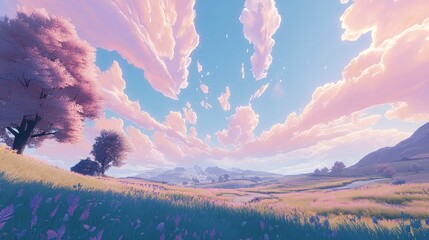 A serene landscape featuring rolling hills, vibrant pink clouds, and a colorful field, evoking a sense of tranquility and beauty in nature.