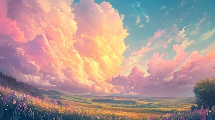 A serene landscape showcasing vibrant clouds and colorful wildflowers, capturing the beauty of nature in a tranquil setting.