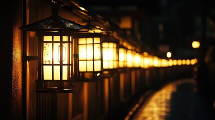 A serene night scene featuring illuminated lanterns lining a walkway, creating a warm and inviting atmosphere.