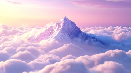 A serene mountain peak rises majestically above soft, fluffy clouds, bathed in a gentle pastel glow at sunrise.