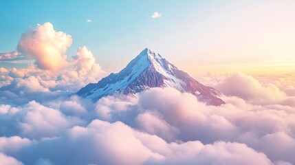 A majestic mountain peak rises above colorful clouds, illuminated by soft sunlight, creating a serene and breathtaking landscape.