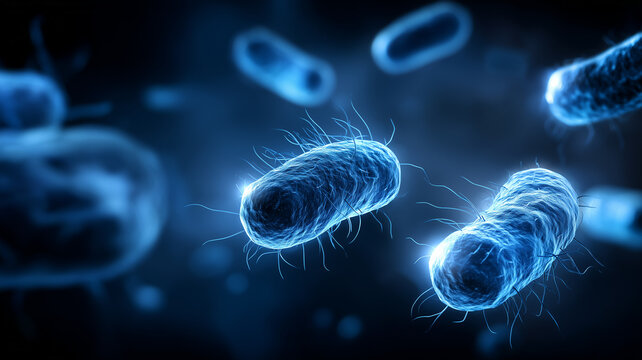 Blue Flagellated Bacteria Floating in a Dark Microscopic Field, highlighting microbial life, infectious risk, and the scientific quest for antibacterial innovation.