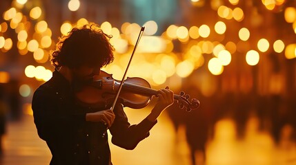 Fototapeta premium A musician plays the violin amidst a backdrop of soft, glowing lights, creating a warm and enchanting atmosphere.