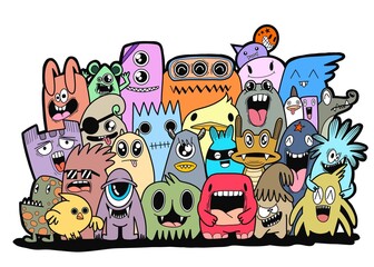 Hand-drawn illustrations, monsters doodle, Hand Drawn cartoon monster illustration,Cartoon crowd doodle hand-drawn Doodle style.