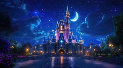 A magical castle illuminated under a starlit sky, surrounded by lush greenery and vibrant flowers, creating a whimsical nighttime scene.