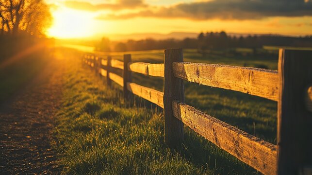 A serene sunset casts golden light over a wooden fence along a path, surrounded by lush greenery and a tranquil landscape. - Powered by Adobe