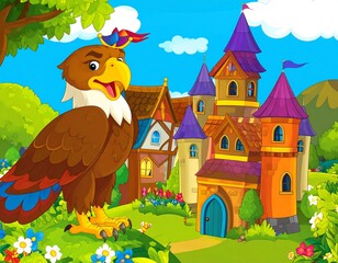 Eagle by a castle, fairytale scene