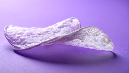 Obraz premium マットクールラベンダーの背景に薄く透けるチップスが並び、柔らかなバックライトでほのかに光る幻想的な食品イメージ