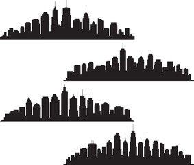 A sleek black vector illustration of the Chicago city skyline with a reflection