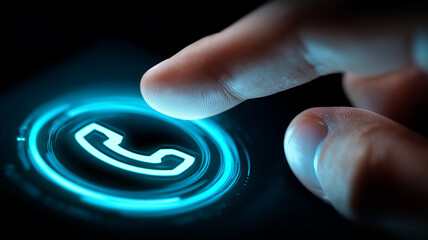 Finger Poised Above a Futuristic Glowing Call Icon, capturing instant digital communication and the user’s power to connect in a touch-driven world.