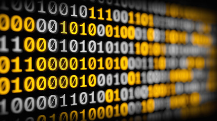 Rows of Binary Digits Highlighted in Yellow Across a Digital Matrix,
depicting the language of computers and the relentless flow of modern data.