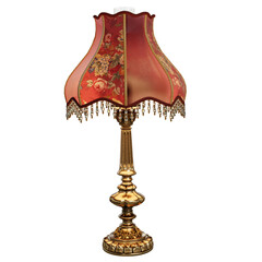 3D-rendered vintage table lamp with a richly decorated red fabric shade, floral patterns, and hanging tassels, isolated on transparent background © HWWO Stock