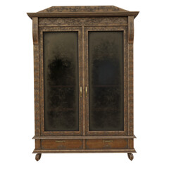 3D-rendered antique wooden wardrobe featuring detailed carved accents, aged glass panel doors, isolated on transparent background