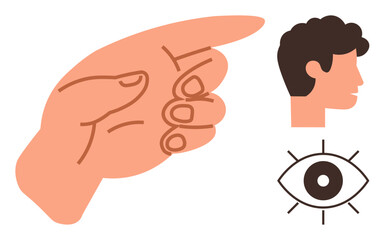 Hand gesture pointing ahead beside a human side profile and an open eye. Ideal for concepts of direction, focus, decision-making, vision, awareness, attention, and observation in simple flat metaphor