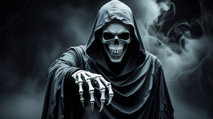 Dark grim reaper with skeletal hand reaching out, shrouded in tattered black cloak and swirling smoke, creating a haunting Halloween horror atmosphere on black background