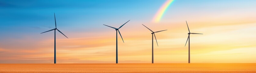 Obraz premium Serene Landscape with Wind Turbines and Rainbow at Sunset
