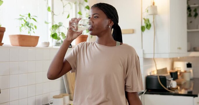 Health, medicine and black woman drinking water for wellness, healing or prescription treatment. Person, medication and glass with pills for magnesium supplements or medical drugs in home kitchen