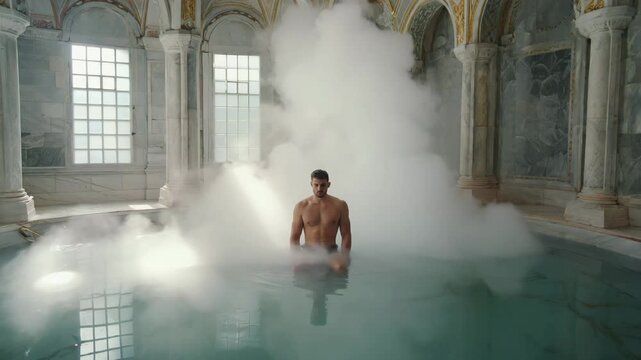 Shirtless man meditating in luxury marble steam bathhouse with mist