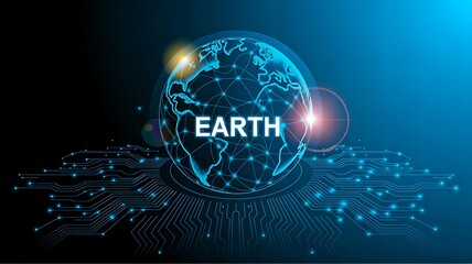 Digital earth globe with circuits and glowing data connections

