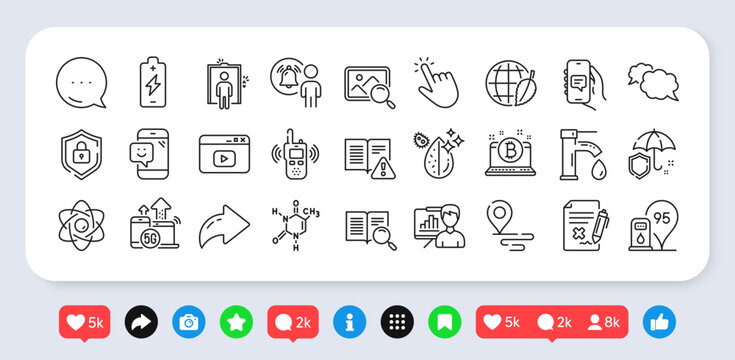 Presentation board, Chemical formula and Reject file line icons pack. Social media: share, comment, like icons. 5g internet, Atom core, Environment day web icon. Vector