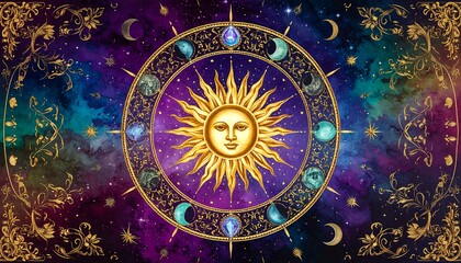 Fototapeta premium Celestial sun and moon phases in ornate gold frame against a nebula background