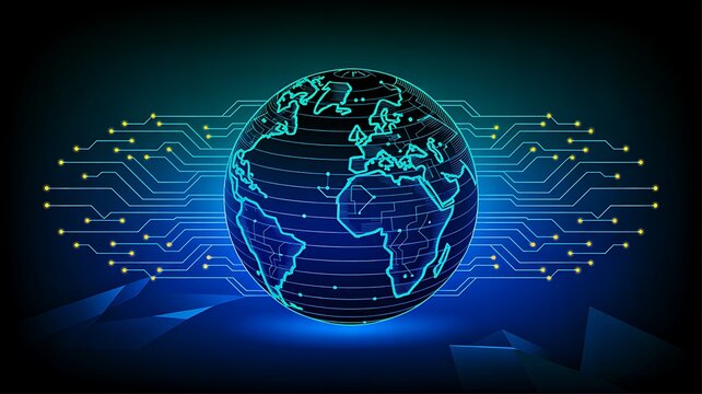 Futuristic digital world map with glowing circuit network lines

