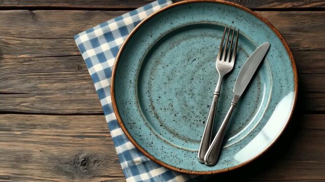 Elegant blue plates with cutlery on a rustic wooden table for dining scenes and food preparation