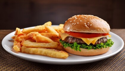 classic burger and fries on white plate