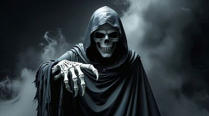Dark grim reaper with skeletal hand reaching out, shrouded in tattered black cloak and swirling smoke, creating a haunting Halloween horror atmosphere on black background
