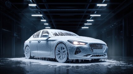 A luxury sedan with foam covering its body sits in a modern car wash facility. Bright lights illuminate the surroundings, creating a vibrant atmosphere at night.