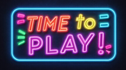 Bright neon signage in vibrant colors announces the call for fun and games, captivating viewers with its playful design in a lively entertainment atmosphere.