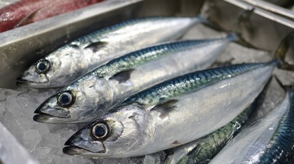 Obraz premium Mackerel are neatly arranged on a tray filled with ice at a bustling fish market. The bright, shiny scales reflect the early morning light, attracting eager customers