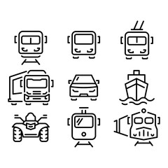 Transportation Icons Train, Bus, Truck, Car, Boat, ATV, Tram, and Locomotive
