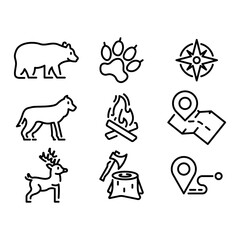 Camping and Wilderness Icons. Bear, Wolf, Deer, Compass, Paw Print, Map, Campfire, Axe Editable Stroke